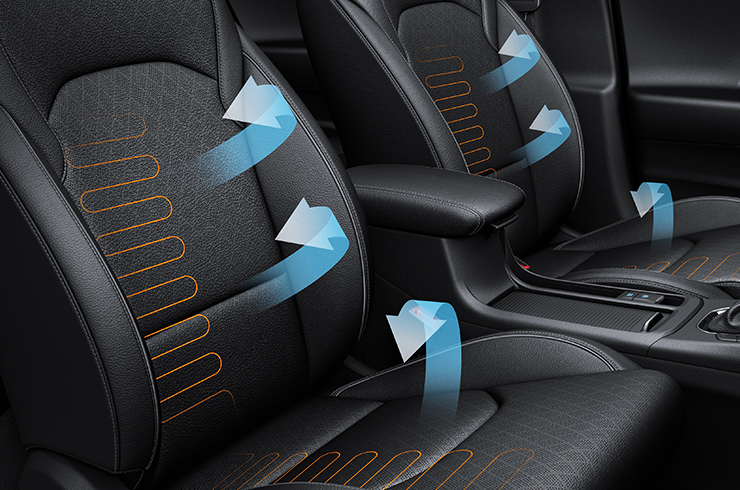 Front seat warming and cooling air ventilation
