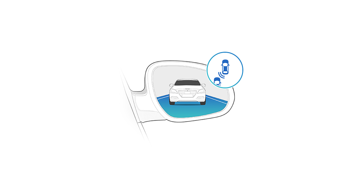 An illustration of a car reflected on a side view mirror for Smart Blind Spot Detection