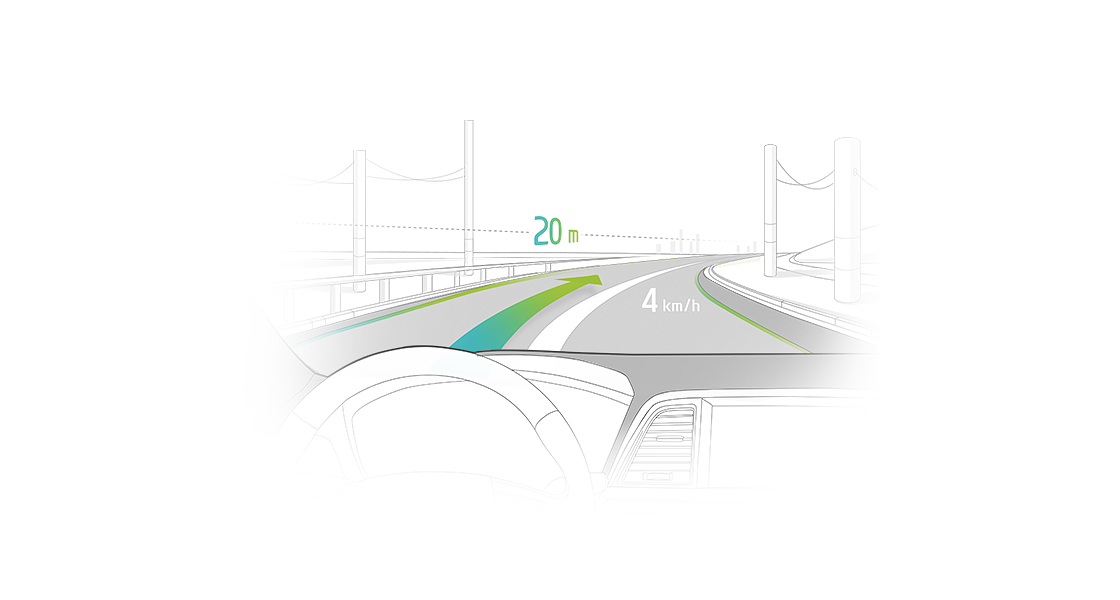 An illustration of view from a front windshield with road guidance on it