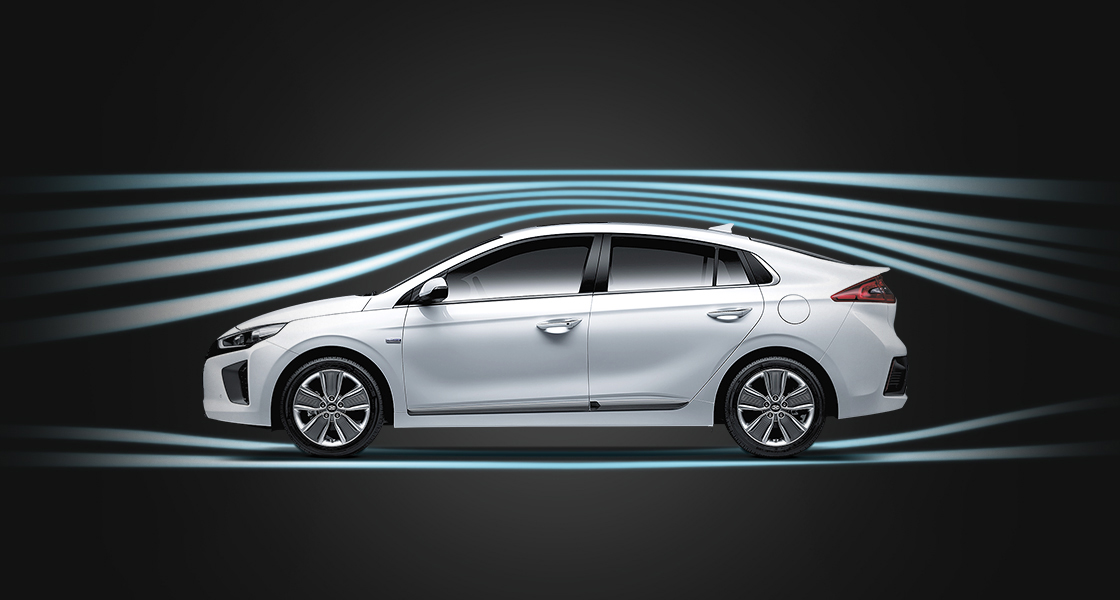 Aerodynamic graphic surrounding white Ioniq Hybrid