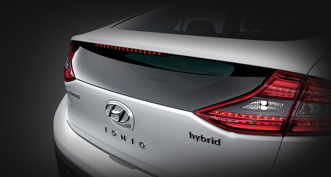 Rear view of white Ioniq Hybrid