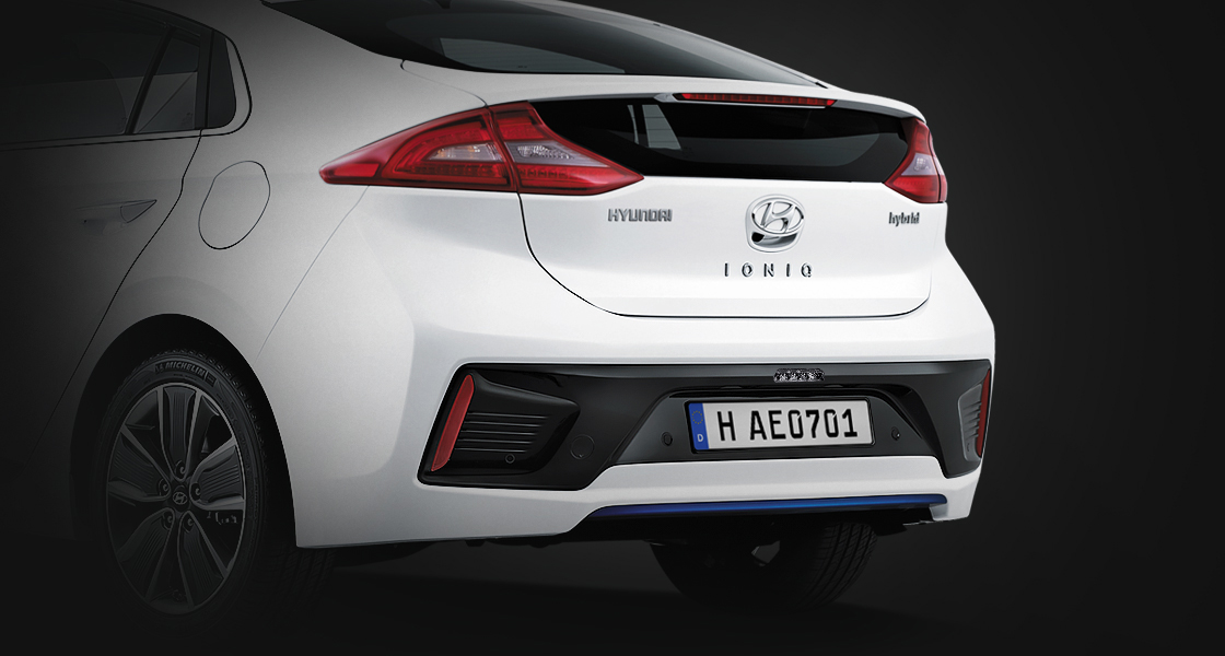 Rear view of white Ioniq Hybrid