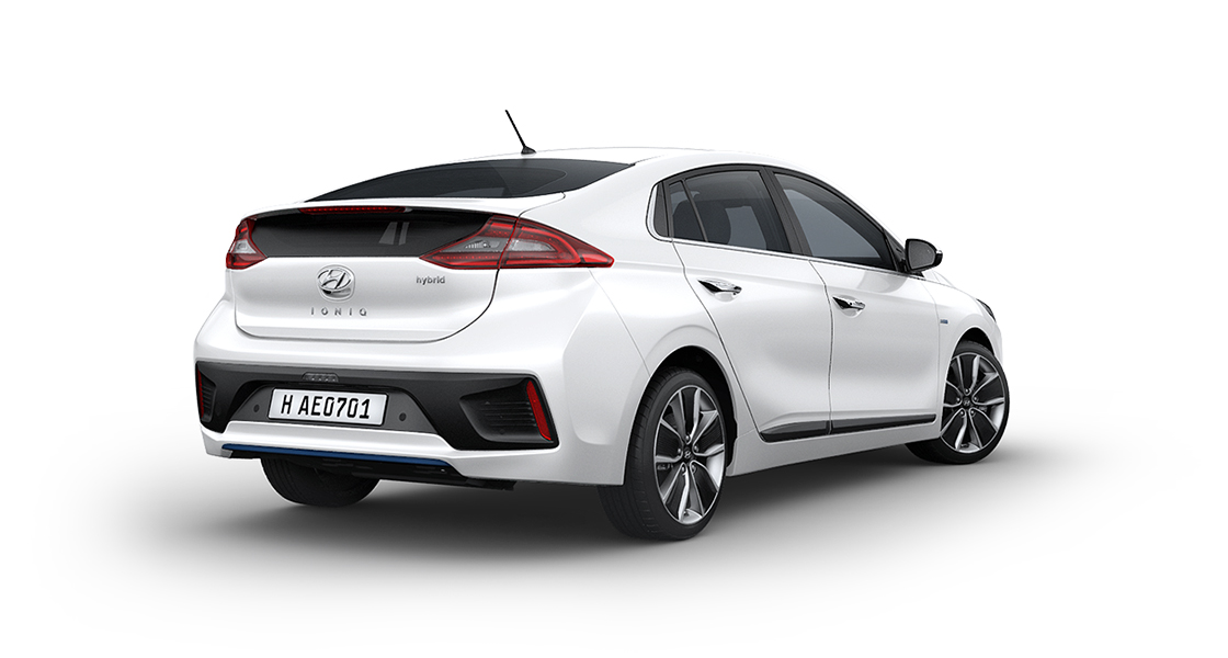 Side rear view of white Ioniq Hybrid