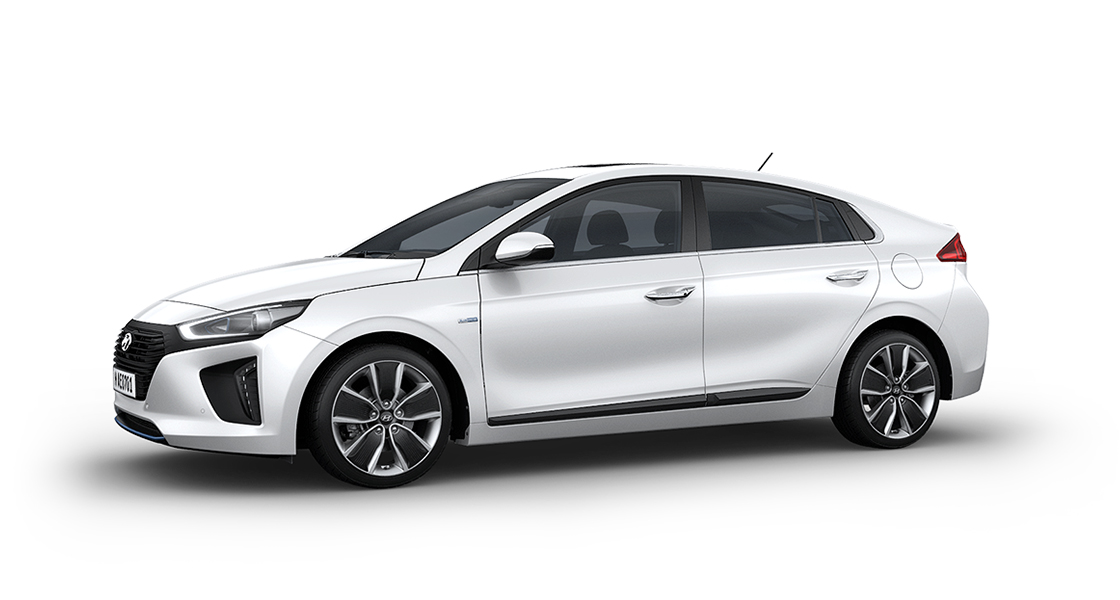 Side view of white Ioniq Hybrid