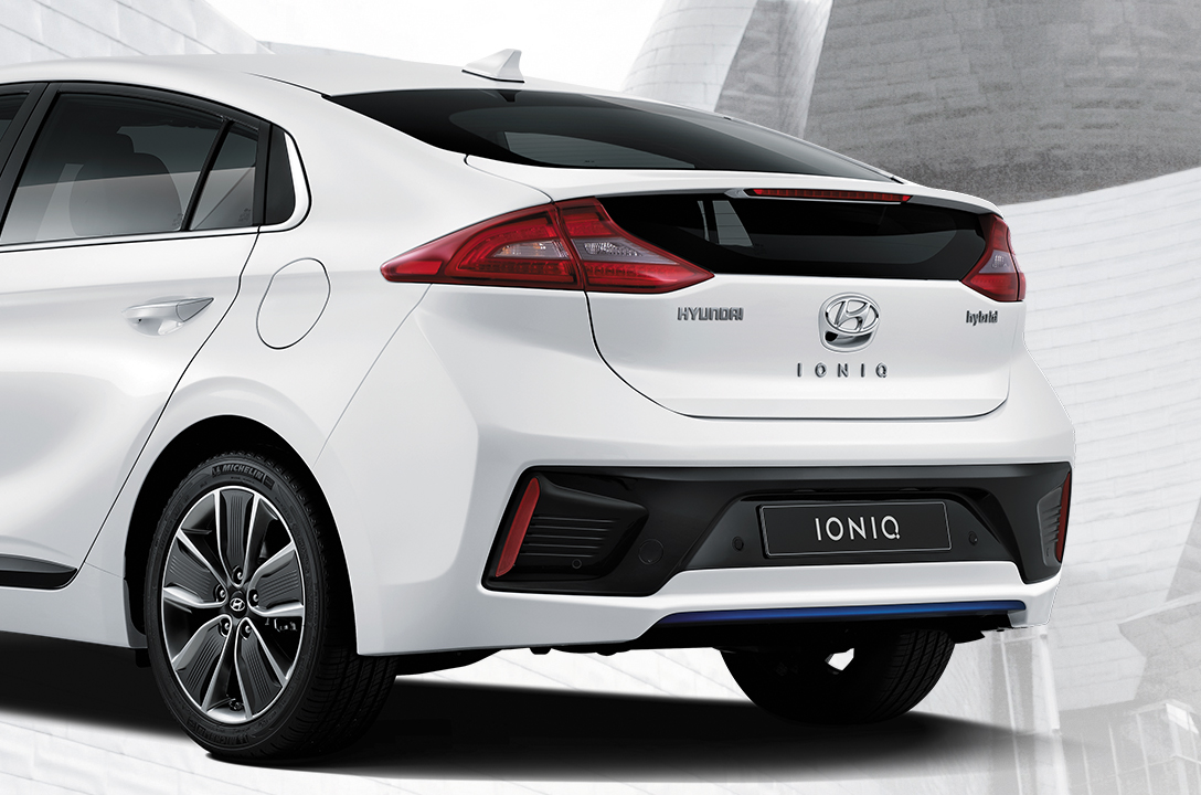 Rear part of white Ioniq Hybrid