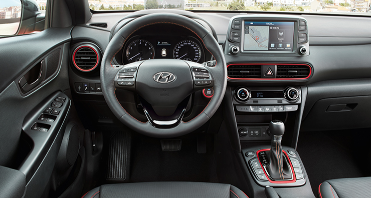 front view of orange stitching interior.